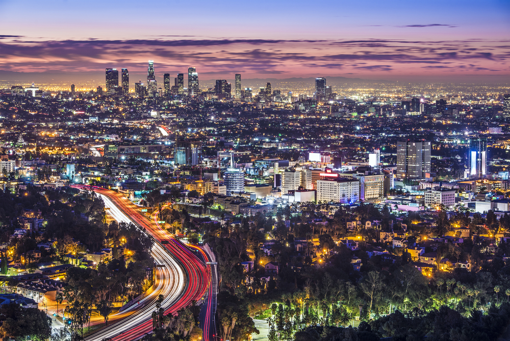 aerial view of downtown los angeles at night