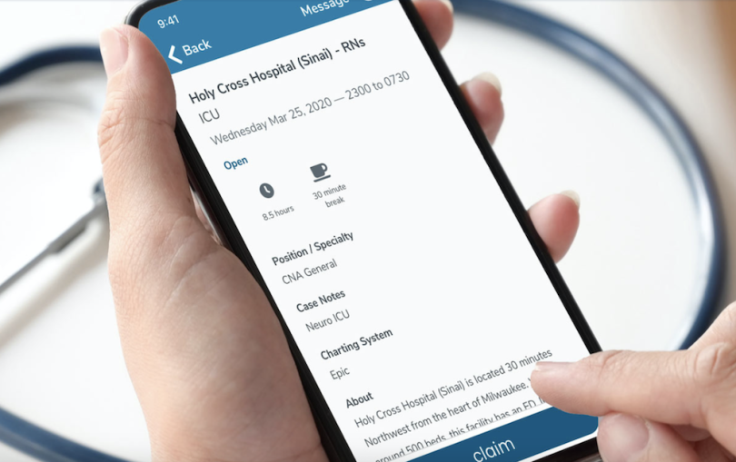 Hospitals can post open shifts to CareRev’s mobile app where local healthcare professionals can find and claim them. A hospital’s internal employees are given priority before the shifts are released to the public.