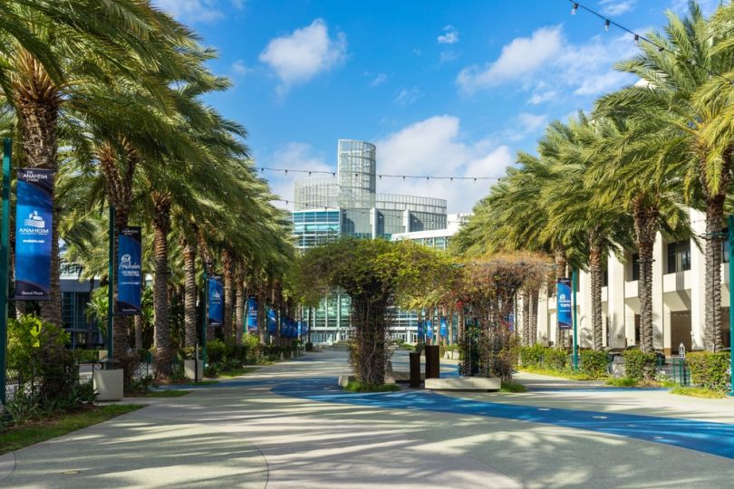 view of anaheim convention center with palms
