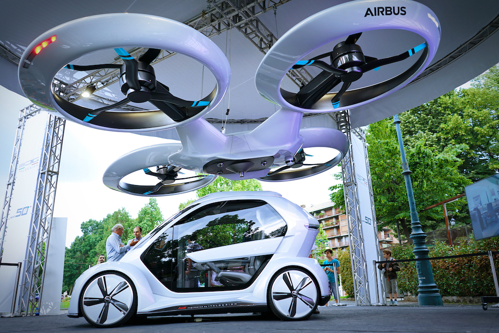 A photo of a futuristic flying car