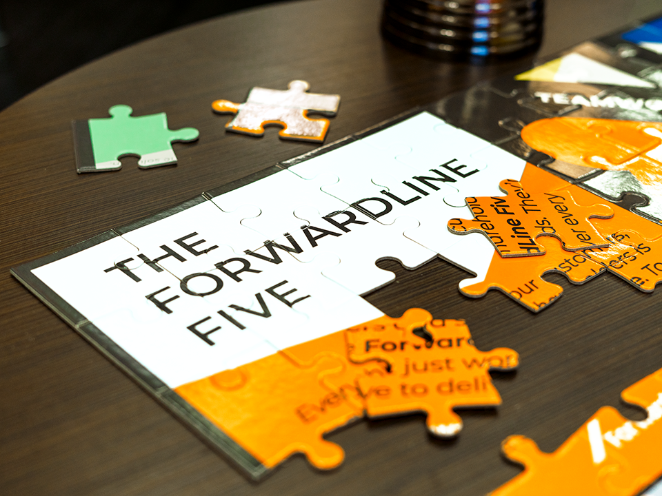 a puzzle that reads, "the Forwardline five"