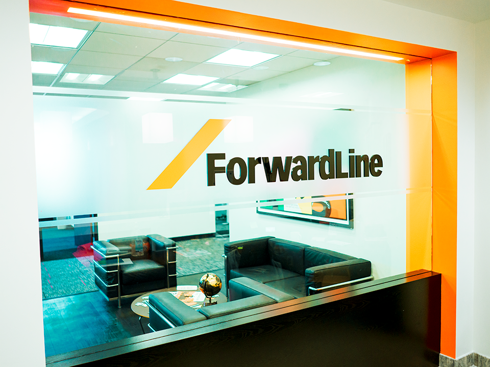 Forwardline's logo on an office window