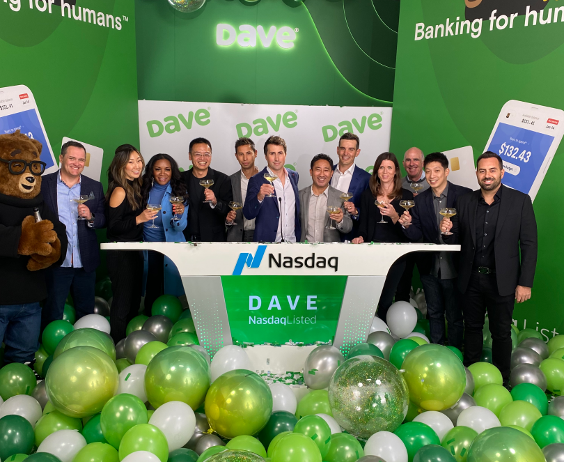 The Dave team celebrating their company’s listing on the Nasdaq.