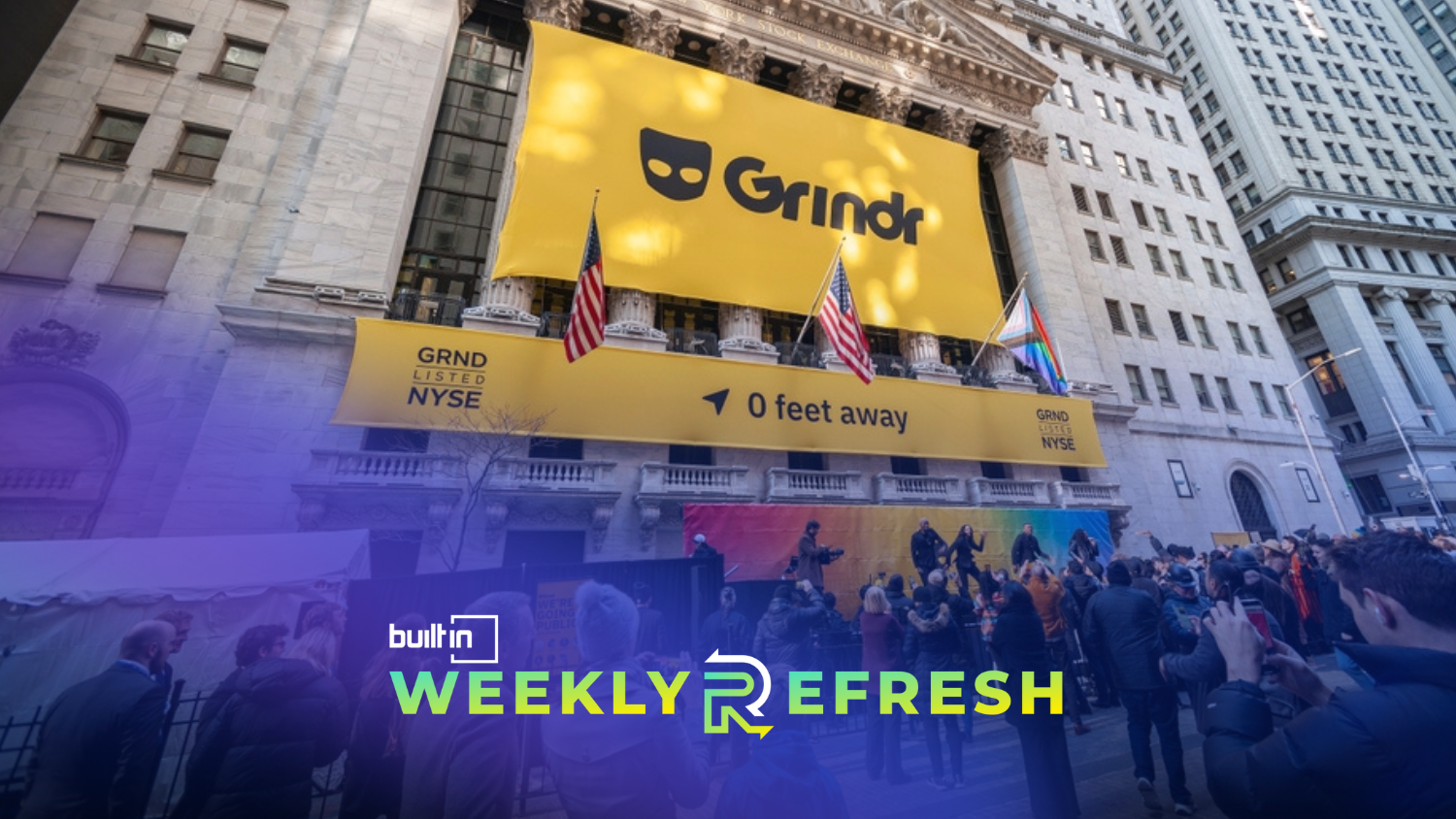 A banner with Grindr’s name and logo on the New York Stock Exchange Building