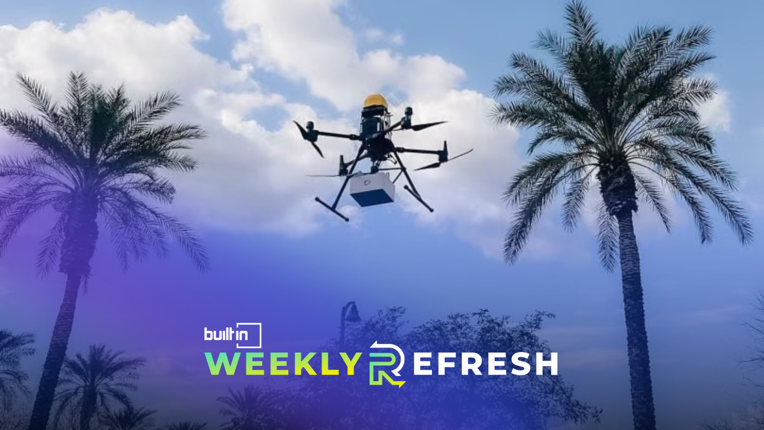 A Flyby Robotics drone flying in the sky between two palm trees.