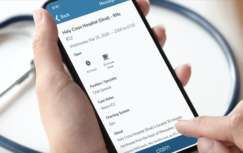 Hospitals can post open shifts to CareRev’s mobile app where local healthcare professionals can find and claim them. A hospital’s internal employees are given priority before the shifts are released to the public. 