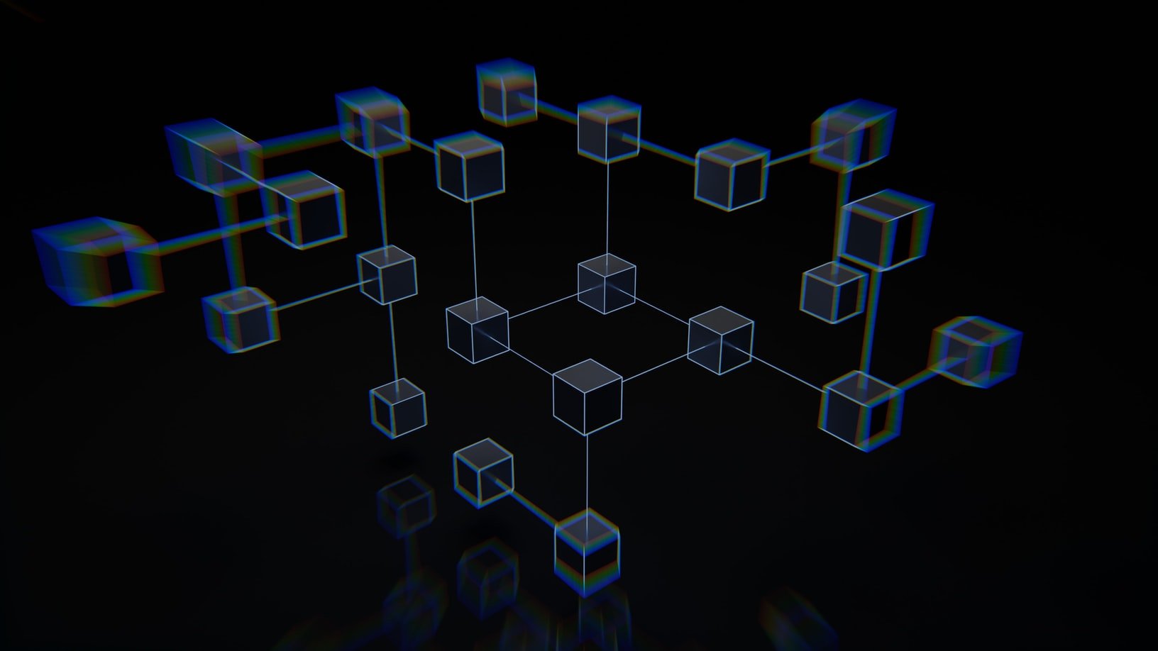 A conceptual representation of the blockchain, with black boxes connected via white lines against a black background.