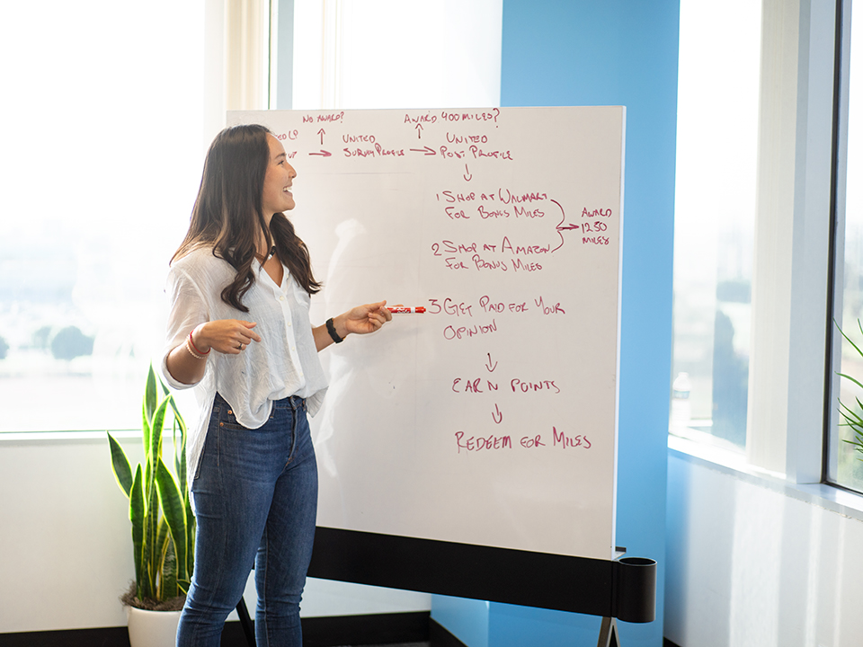 Woman standing at dry erase board presenting