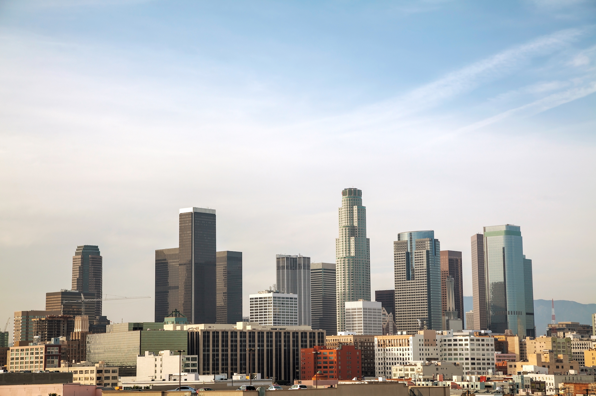 LA's skyline is pictured during the day.
