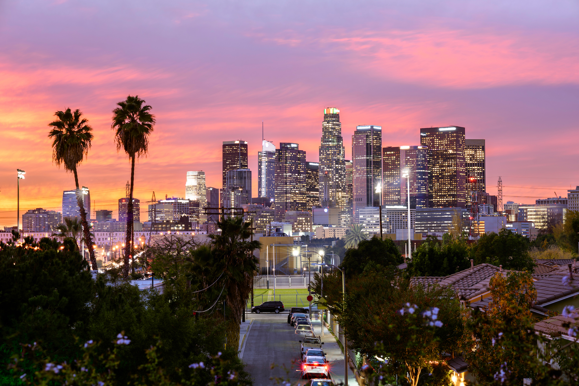 The LA skyline is pictured.