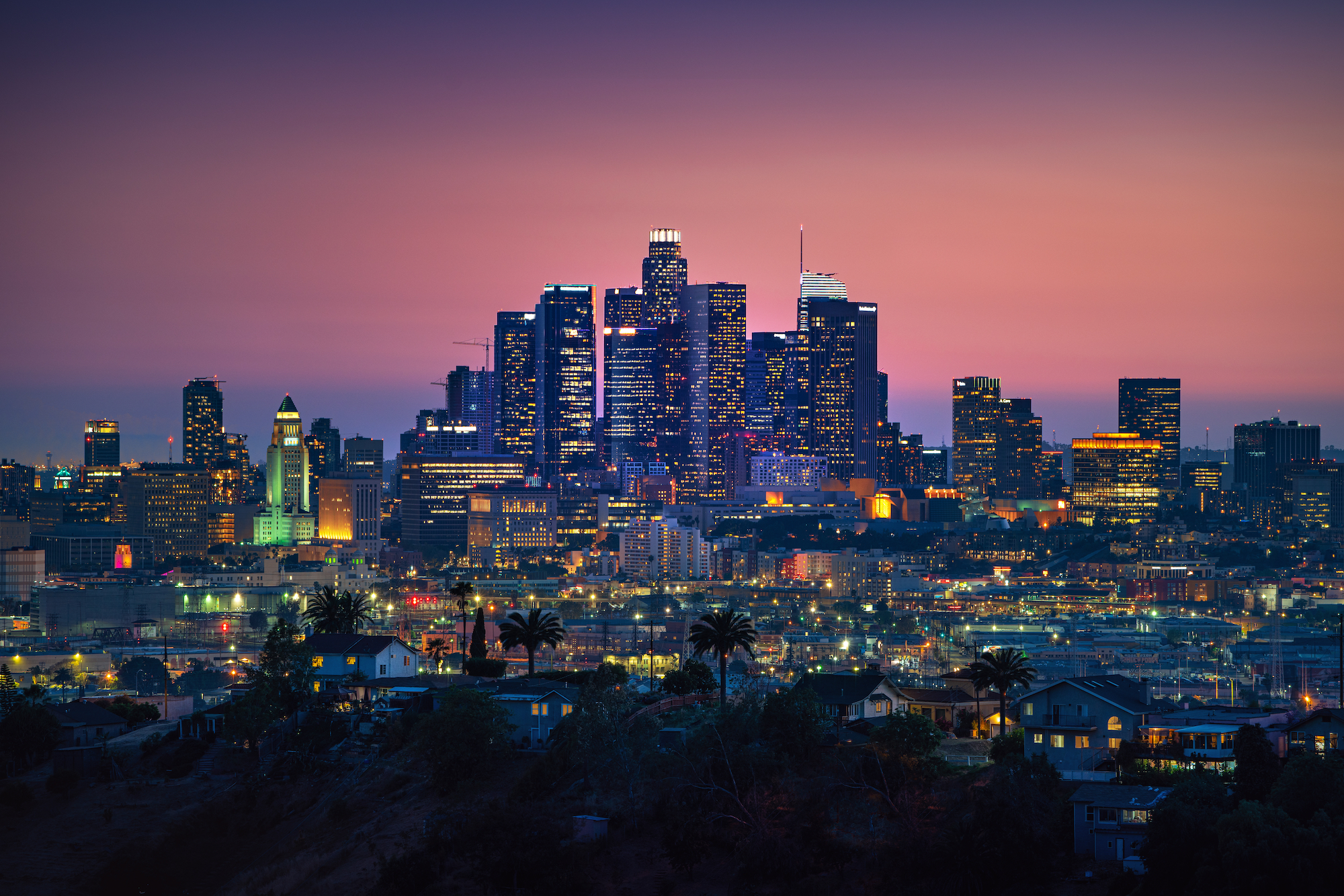 LA's skyline at night.