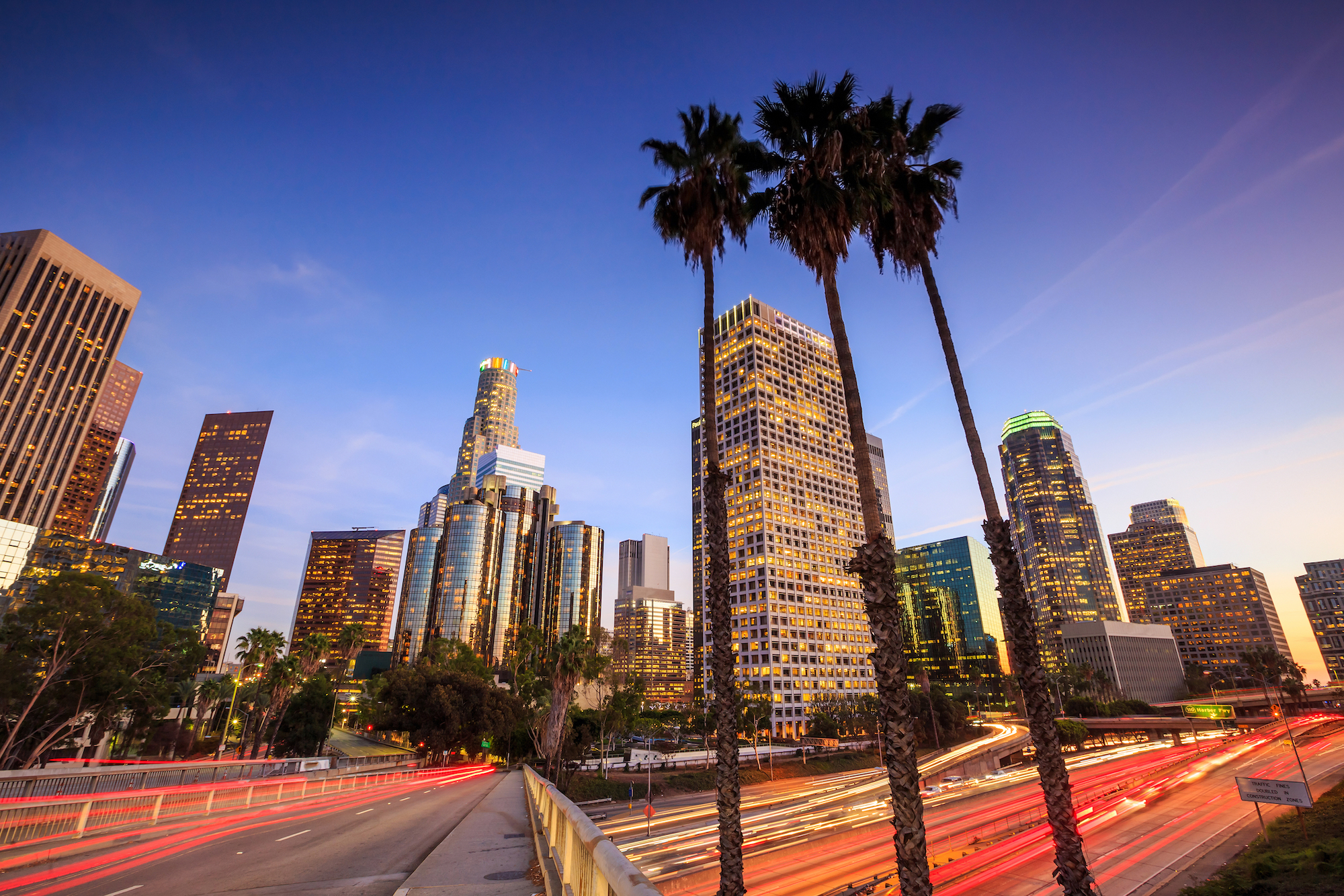 A street-level view of the Los Angeles skyline