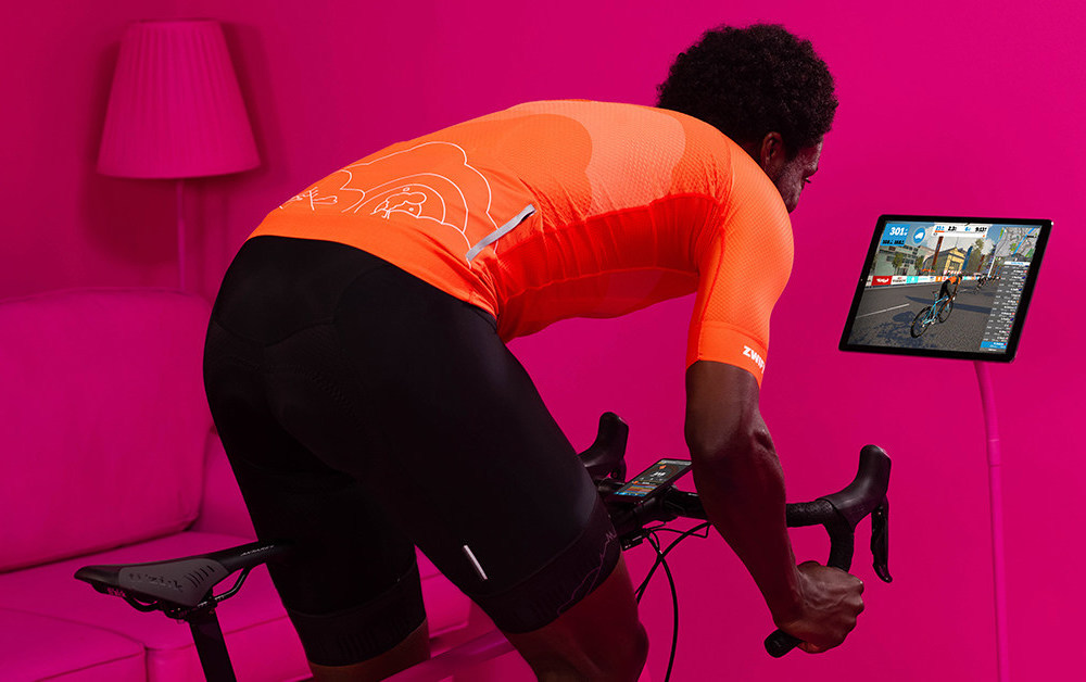 man on Zwift bike