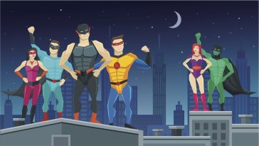 Superheroes posing confidently in brightly-colored outfits on top of buildings.
