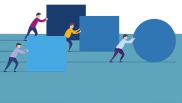 Illustrated people pushing square and circle shapes