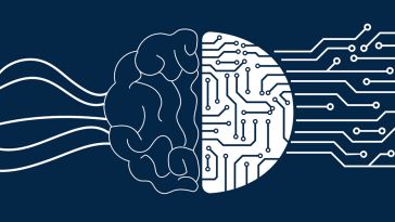 Illustration of a brain that is half circuit board on a navy blue background