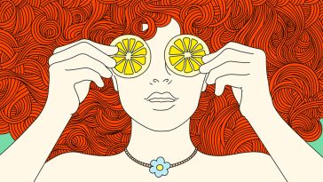 Illustration of a woman with curly red hair, covering her eyes with lemon slices