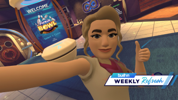 ForeVR Games character stands in front of a virtual bowling alley.
