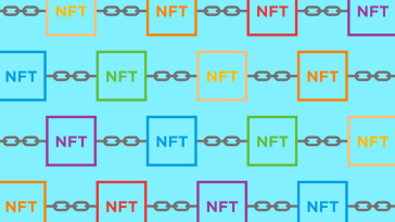 Illustrated image of the word "NFT" connected by chains to represent blockchains