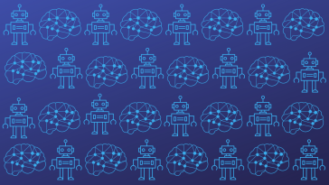 Brain icons and robot icons in an alternating pattern against a blue background