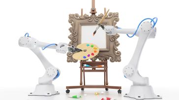 illustration of two robotic arms painting on a canvas