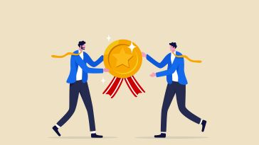A cartoon of two employees in blue blazers and yellow ties, holding a giant medal award together.