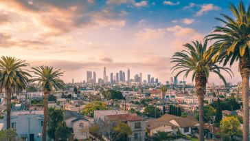 The Los Angeles skyline and sprawling city area.