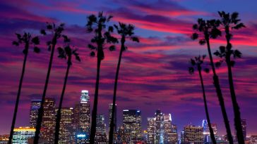 The Los Angeles sunset turning pink and purple.