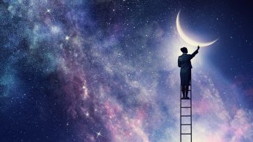 A mixed media image of a woman climbing a ladder to touch the moon. 