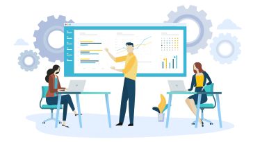 Illustration of three office workers looking at a screen with charts and graphs