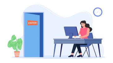 Illustration of a worker sitting at a desk in front of an open office door