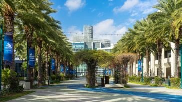 view of anaheim convention center and palms
