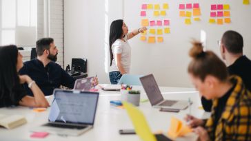 Team meeting with woman standing at wall looking at colorful sticky notes