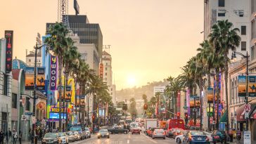 An evening photo of Hollywood Boulevard.