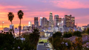 The LA skyline is pictured.