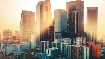 A photo of the Los Angeles skyline is shown.