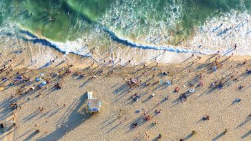 An aerial view of Santa Monica Beach in California.